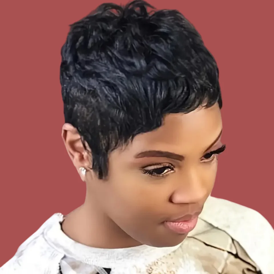 짧은 레이어드 픽시컷 전체 기계식 가발(뱅 포함) 여름 헤어스타일 내추럴 1b 색상