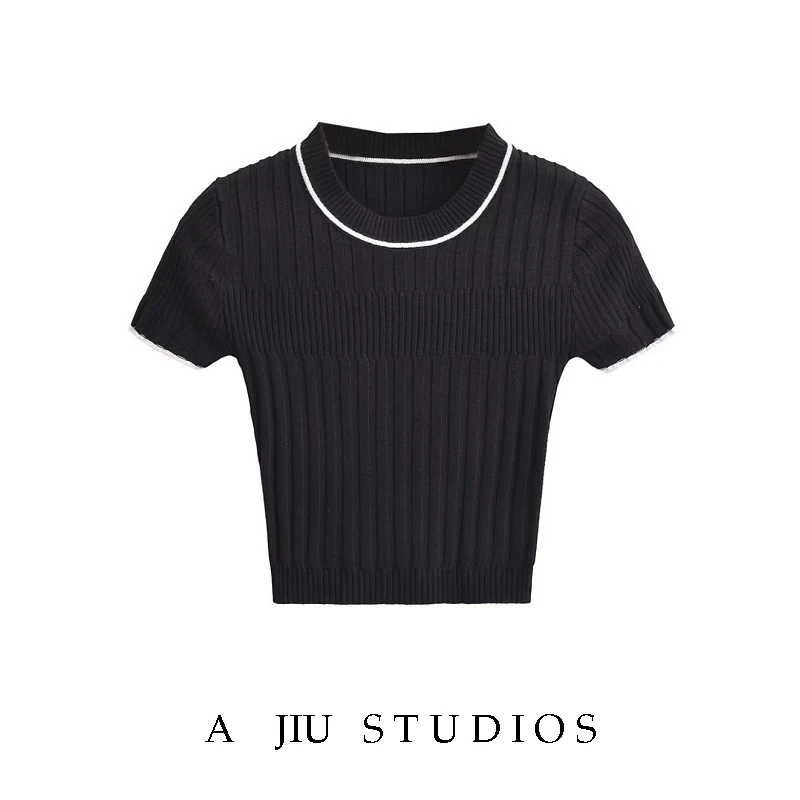 

Ретро американский цвет Blo ort Sve Slim Fit вязаная футболка круглого цвета Ne Young Looking Top для женщин летние поездки на работу