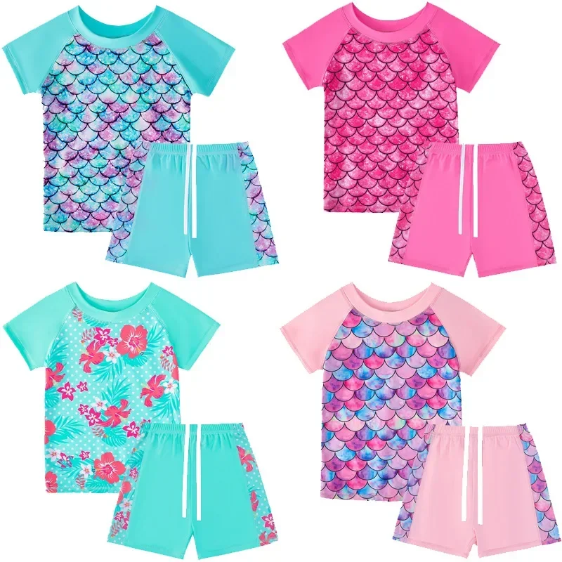 New Summer Girls Children's Swimsuits Short Print Sleeve 2 Pcs Swimsuit Outdoor Beach Vacation Elasticity Baby Swimming Clothing