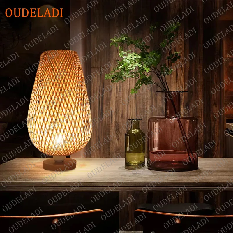 OUDELADI Vintage Bamboohandicraft Table Lamps Handmade bedroom bedside desk lights living room decor warm bamboo wood lamp - Image 4