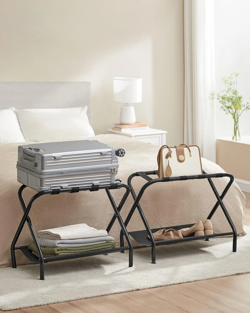 Luggage Racks, Set of 2, Suitcase Stand with Fabric Storage Shelf, for Guest Room, Bedroom, Hotel, Foldable Steel Frame