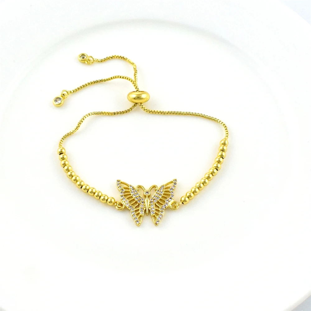 Wholesale Gold Pave CZ Beaded Chain Bracelet Butterfly Cutout Design Zircon Tennis Bracelet Women Gift Fashion Jewelry