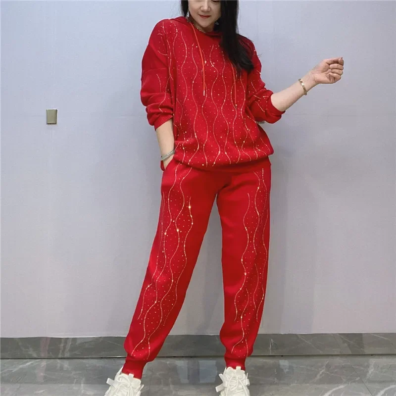 

Fashion Diamond Hooded Knit Tracksuits Set Red Black Women Loose Long Sleeve Knit Sweater Pullover Pencil Pants Outfits Female