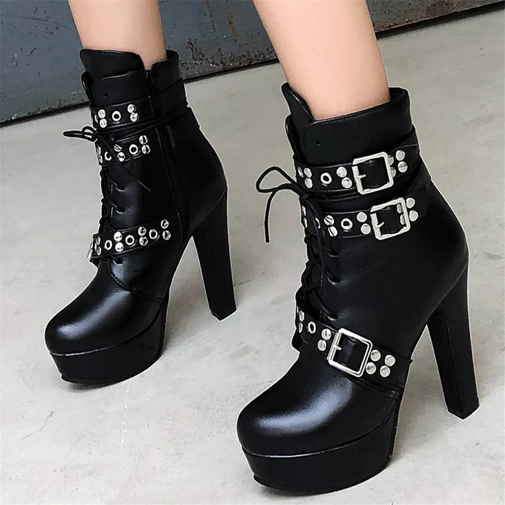 New Vintage Ladies Mid-calf Boots Chunky Heels Belt Buckle Boots Pointed Toe Rivet Booties Women Goth punk Party Woman Shoes 41