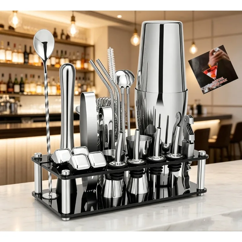 Boston Cocktail Shaker Set 25 Pieces Barware Tools with Portable Acrylic Stand Stainless Steel Bartender Kit