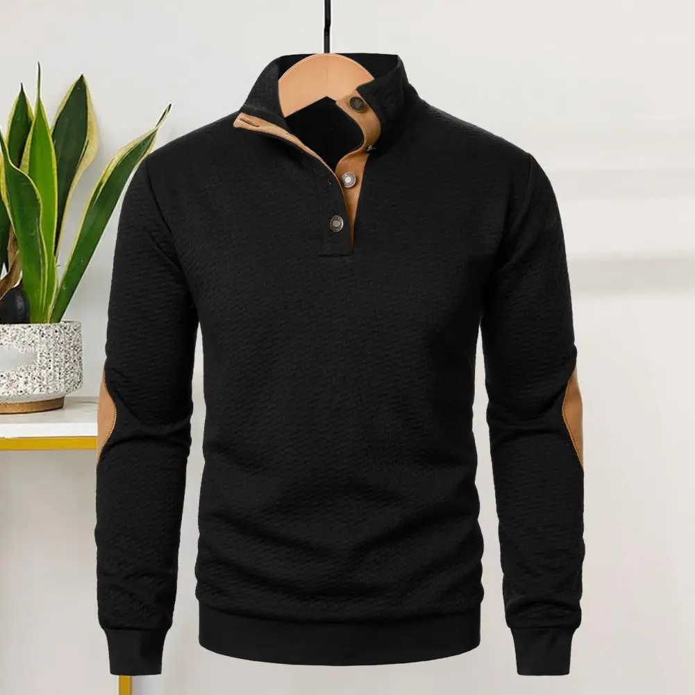 Color Block Sweatshirt Button Neck Sweatshirt Stylish Men's Patchwork Sweatshirt with Stand Collar Elastic Cuffs Wear for School