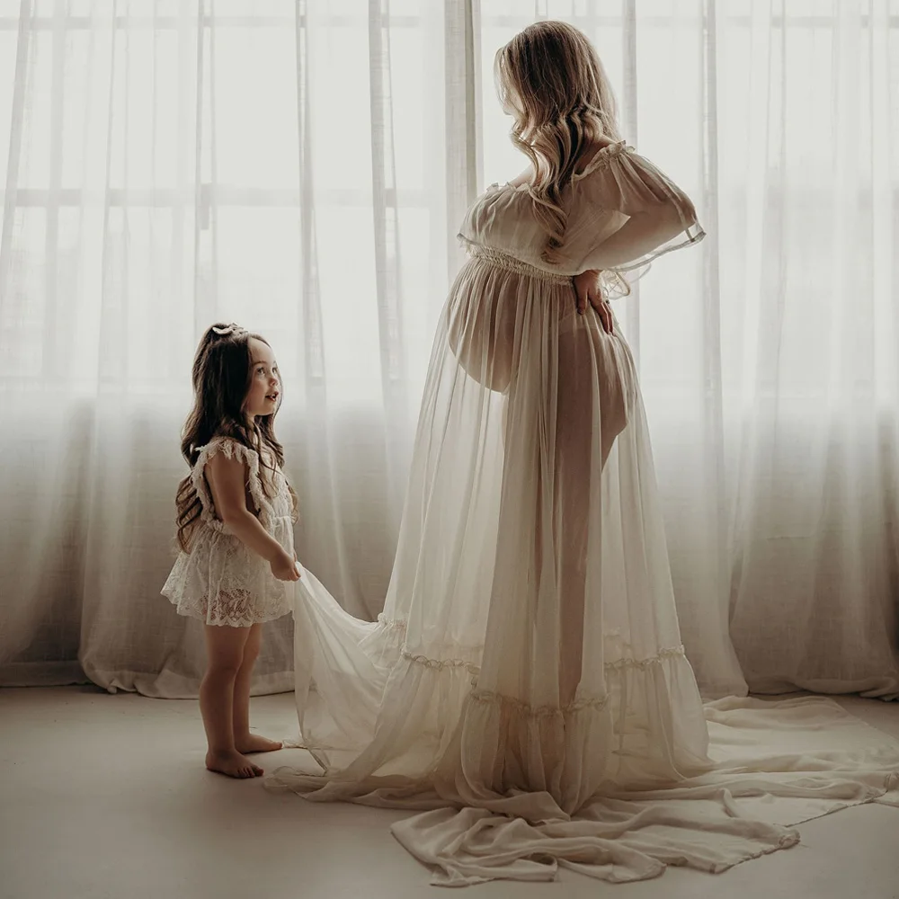 Maternity Dresses Photoshoot Studio Clothing Sexy Chiffon Off Shoulder Ruffle Edge Dress Pregnant Women Photography Gowns