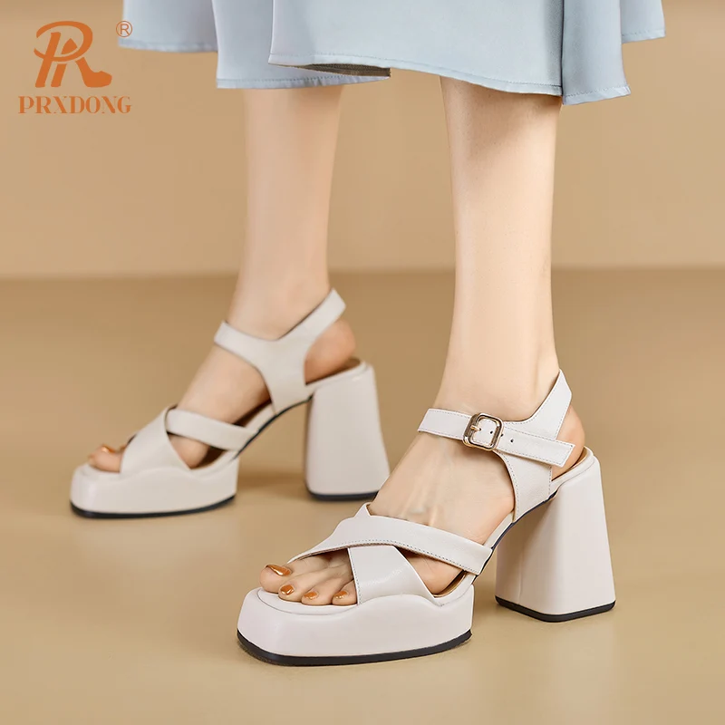 PRXDONG-zapatos de piel de vaca auténtica para mujer, Sandalias de tacón alto cuadrado con plataforma, color negro y Beige, para vestido de boda, 2024