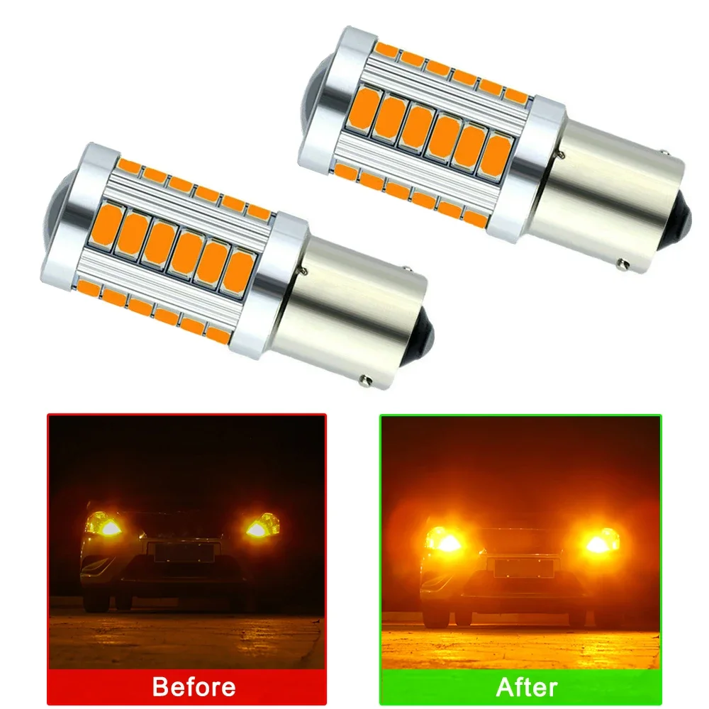 2pcs Amber Yellow LED Car Canbus No Error Turn Signal Lights 1156 BAU15S PY21W 33SMD Brake Tail Reverse Bulb Rear Warning Lamp