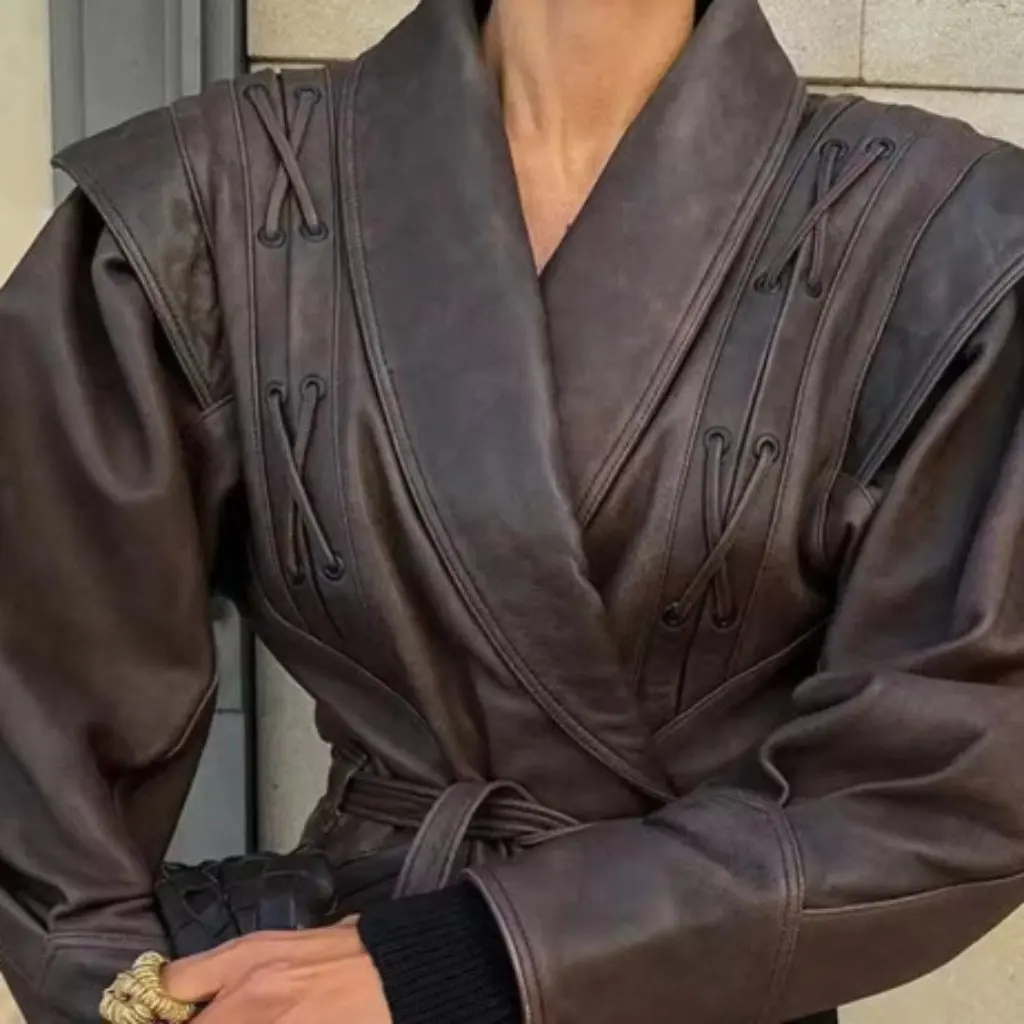 

Retro Leather Jacket for Women Autumn Winter Street Style Design European American Fashion Export Popular Clothing