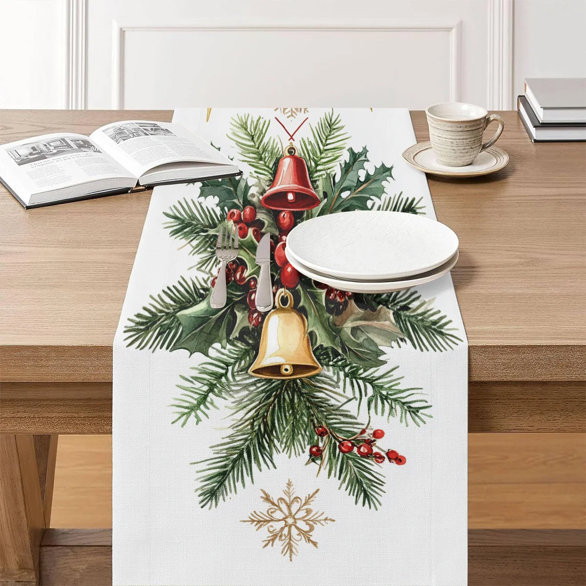 1 Weihnachts-Tischläufer mit Holly-Glocke, 2D-Druck, mit Schneeflocken für Feiertage, Esstisch, Dekoration, Weihnachtsfeiern, Heim-Styling
