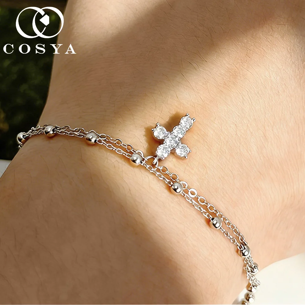 

COSYA Real Moissanite Cross Bracelet for Women S925 Sterling Silver Stackable Bracelet Double Layers HandChain Party Jewelry
