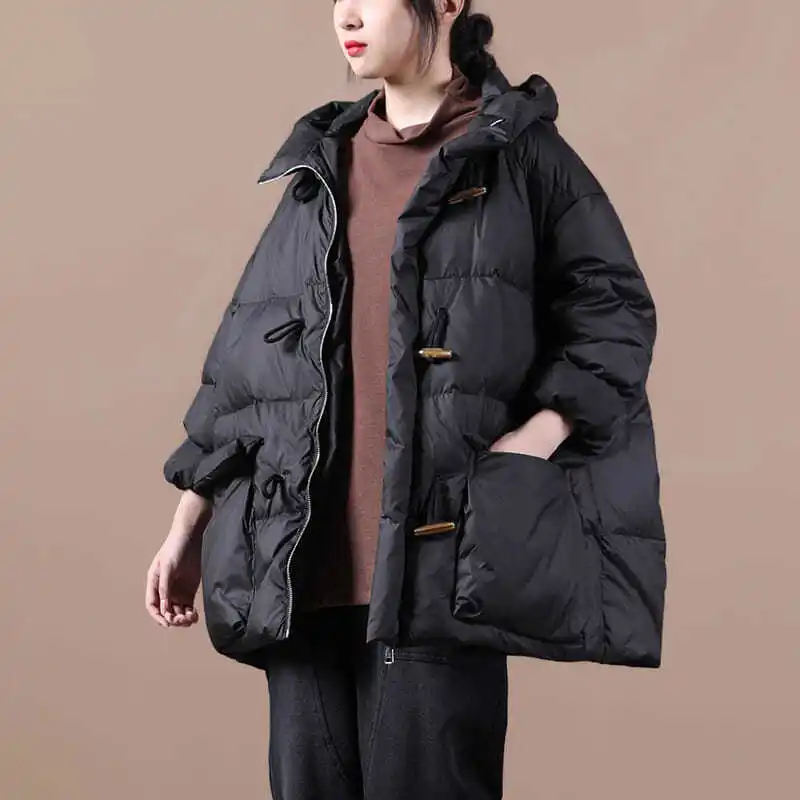 Loose Artistic Retro Buttoned Hooded down Cotton Jacket Women's Autumn Winter Fashion Korean Style Thickened Long Sleeve Coat