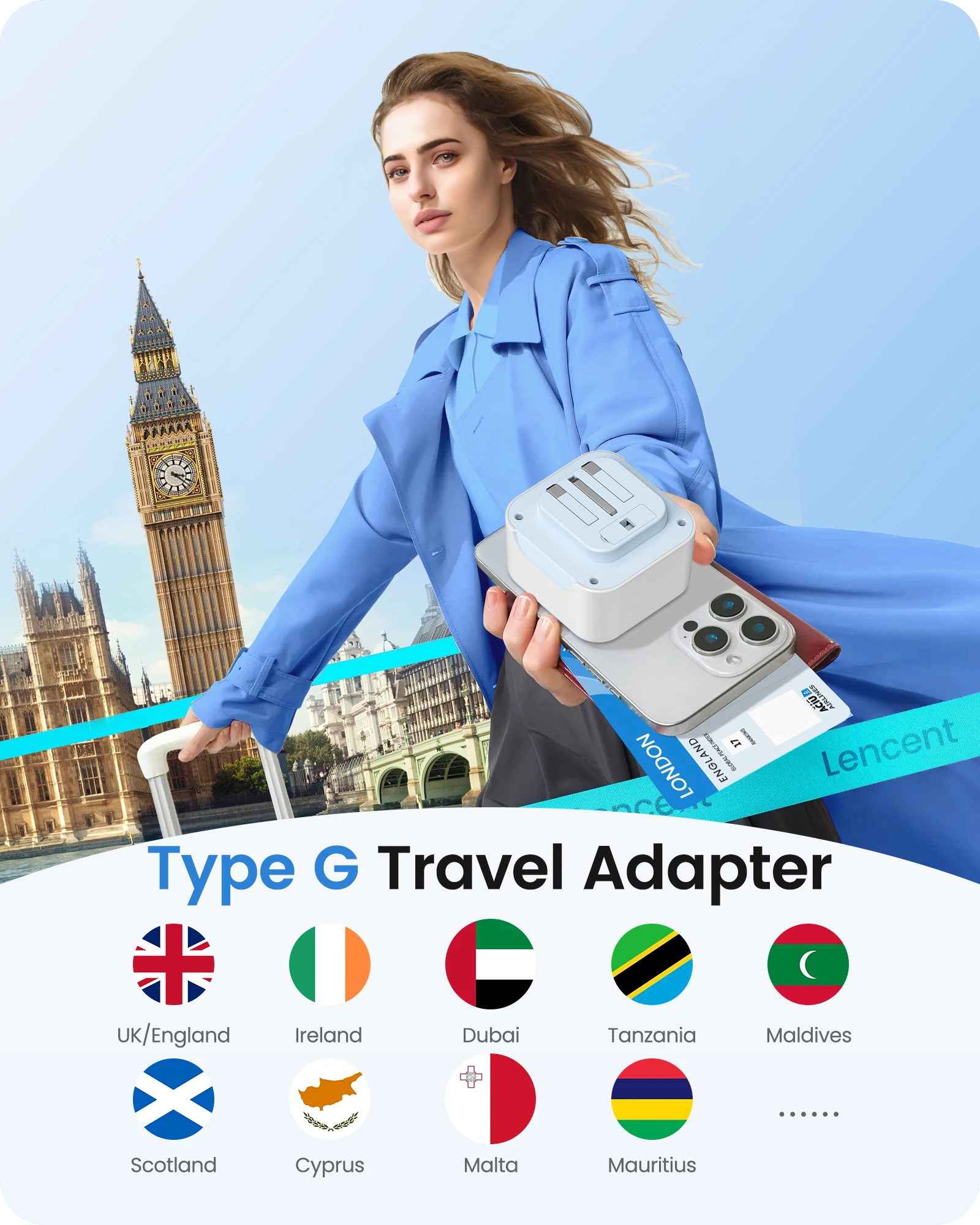 LENCENT EU to UK Foldable Travel Adapter with 2AC+2USB-A+2 Type C Socket Adapter England Travel Plug Type G for Great Britain