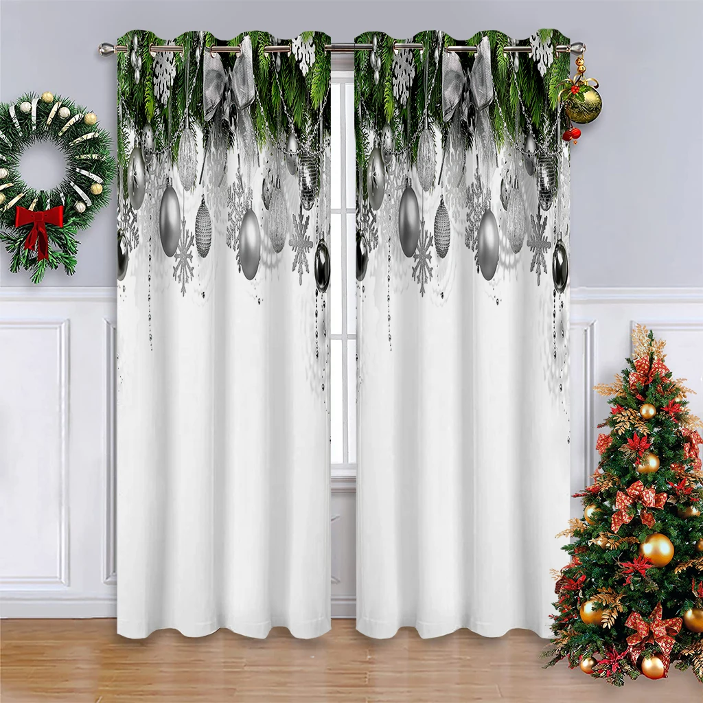 2pcs Curtains With Christmas Bauble And Snowflake Prints—New Year's Gifts And Festive Holiday Decor For Children's Rooms.