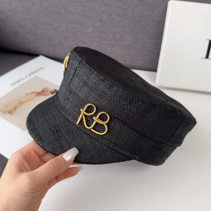 Brand Designer Unisex Black Straw Gold-Tone Logo-plaque Baker Boy Hat Flat Top Letter Accent Vintage Casual Newsboy Cap