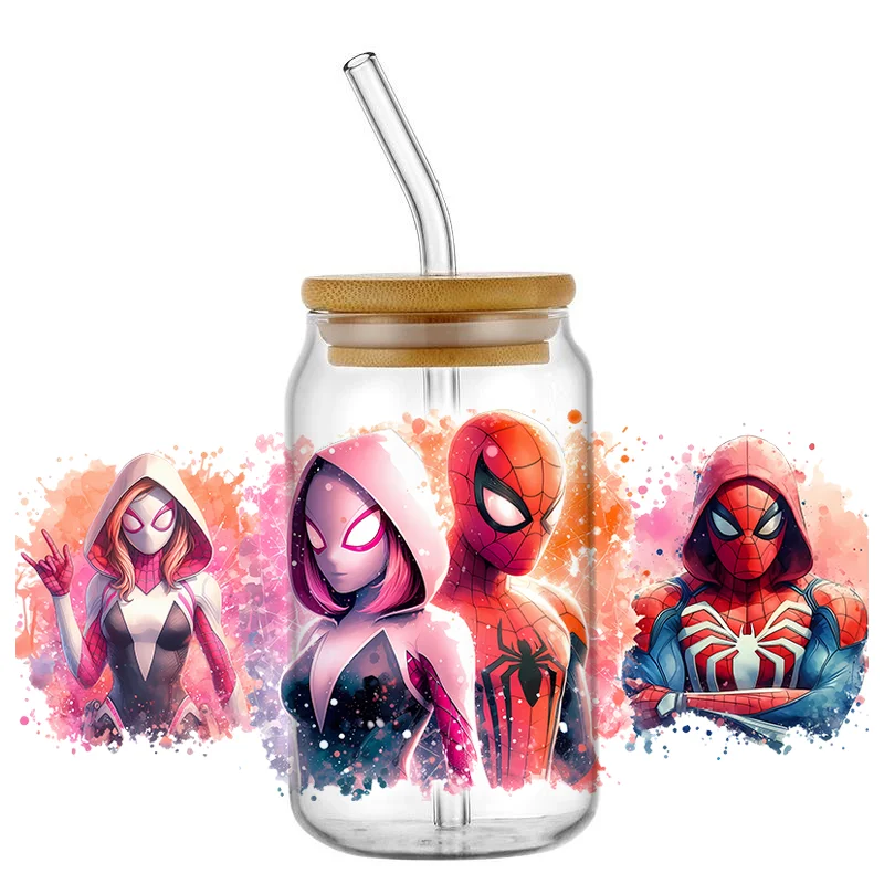 Miniso تصميم جديد الرجل العنكبوت أبطال السوبر UV DTF ملصق مائي ل 16 أوقية Libbey الزجاج يمكن كوب uvdtf القهوة سيارة ثلاثية الأبعاد ملصق DIY بها بنفسك