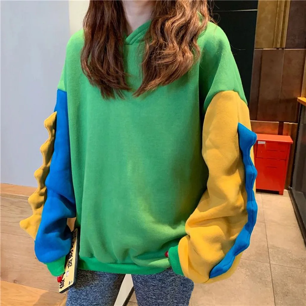 Women'S Cute Dinosaur Shaped Hoodie Color Blocked Casual Loose Long Sleeved Sweatshirt Pullover Top Autumn Winter Home Clothing