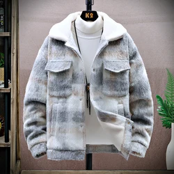 Retro Men's Woolen Coat Winter Add Velvet Keep Warm Jackets Classic Plaid Print Loose Casual Trench Blends Jacket Men Clothing