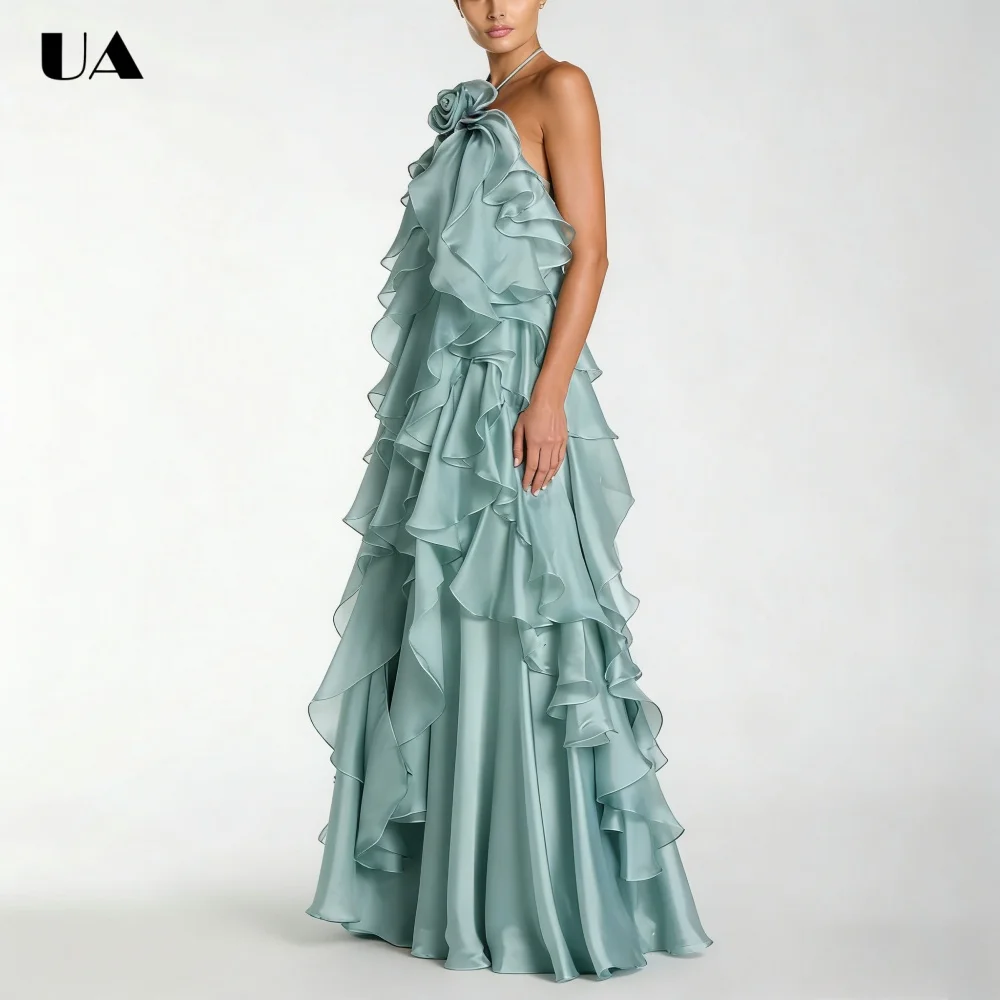 ULBYANRY Customized Chiffon Ruffled Prom Dresses for Women Elegant Lace-up Halter Evening Dress Fashionable Backless Party Dress