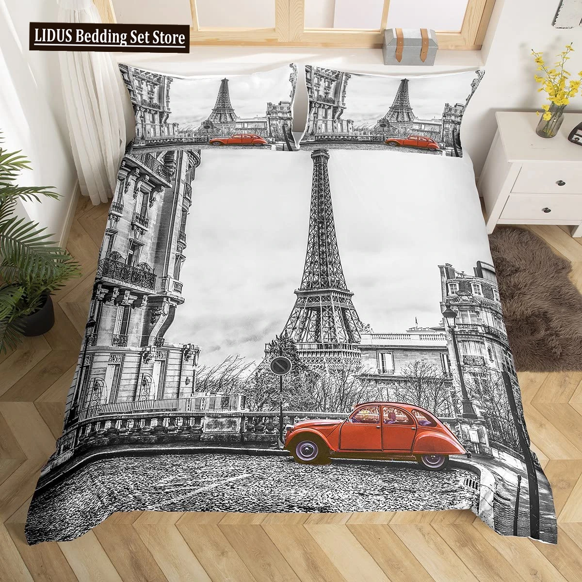 

Eiffel Tower Duvet Cover Paris Tower Red Car Bedding French Style Home Decoration Grey Cityscape French Romantic Gift For Women