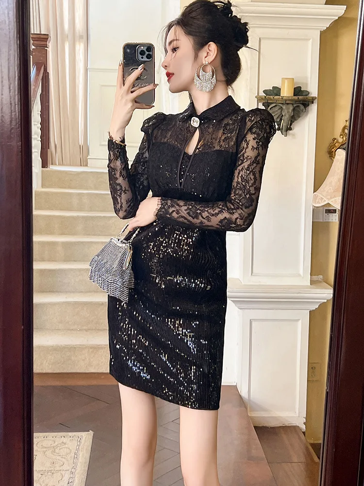 

Coigarsam Women Dress Solid Lace Long Sleeve Zipper High Waist O-Neck Sequins Black Dresses