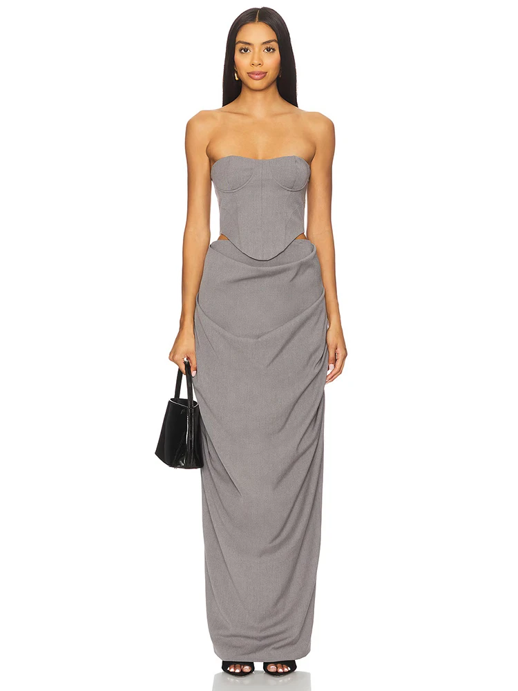 Grey Off Shoulder Corset Ruched Dress Set 2026 Women's Elegant Formal Gown Evening Party Dress Chic Design Sense Long Dress