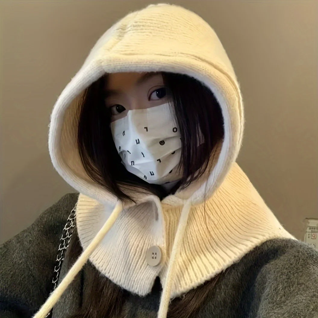 1pc, Winter Hats for Women Girls Warm Hooded Scarf Hat Skull Cap Balaclava Knit Beanie Hat with Adjustable Drawstring image 2