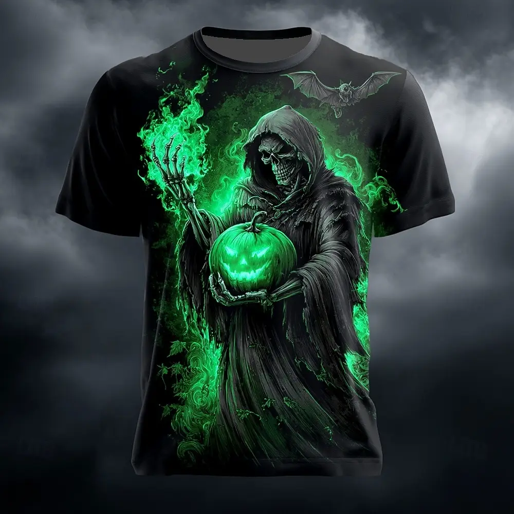 Men Halloween Grim Reaper Pumpkin 3D Print T Shirt Short Sleeve Bat Flame Graphic Tees Gothic Casual Daily Tops