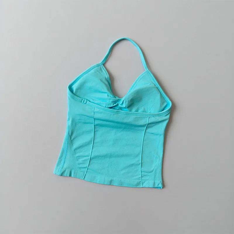 Langes, trägerloses, nahtloses Yoga-Tanktop mit gerafftem Rücken, ärmelloses Fitness-Workout-Shirt mit integriertem BH für Damen – Detail 14