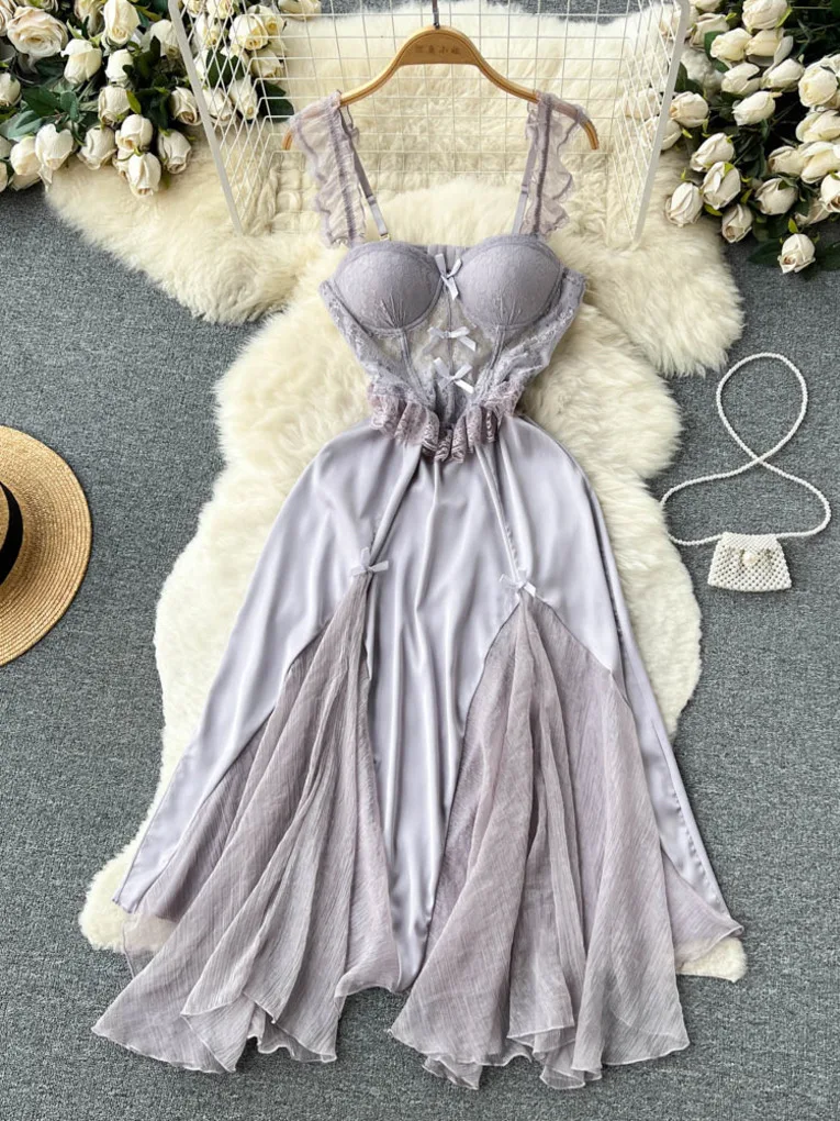 Foamlina Sexy Women Summer Dress Sweet Spaghetti Strap See Through Floral Lace Patchwork High Waist A-line Evening Party Dress