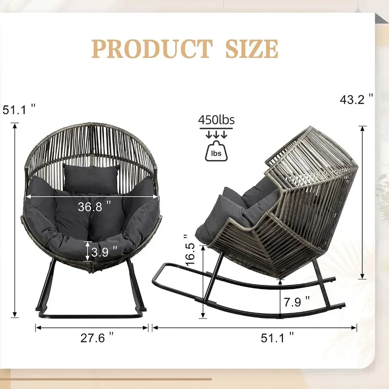 Wicker Egg Chair PE Rattan Rocking Chair with Cushion Oversized Patio Lounge Rocker Chair for Outdoor Indoor Balcony Backyard