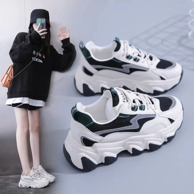 Teenages Lace Up Sneakers High Platform Casual Running Big Girls Breathable Outdoor Sports Chunky Shoes