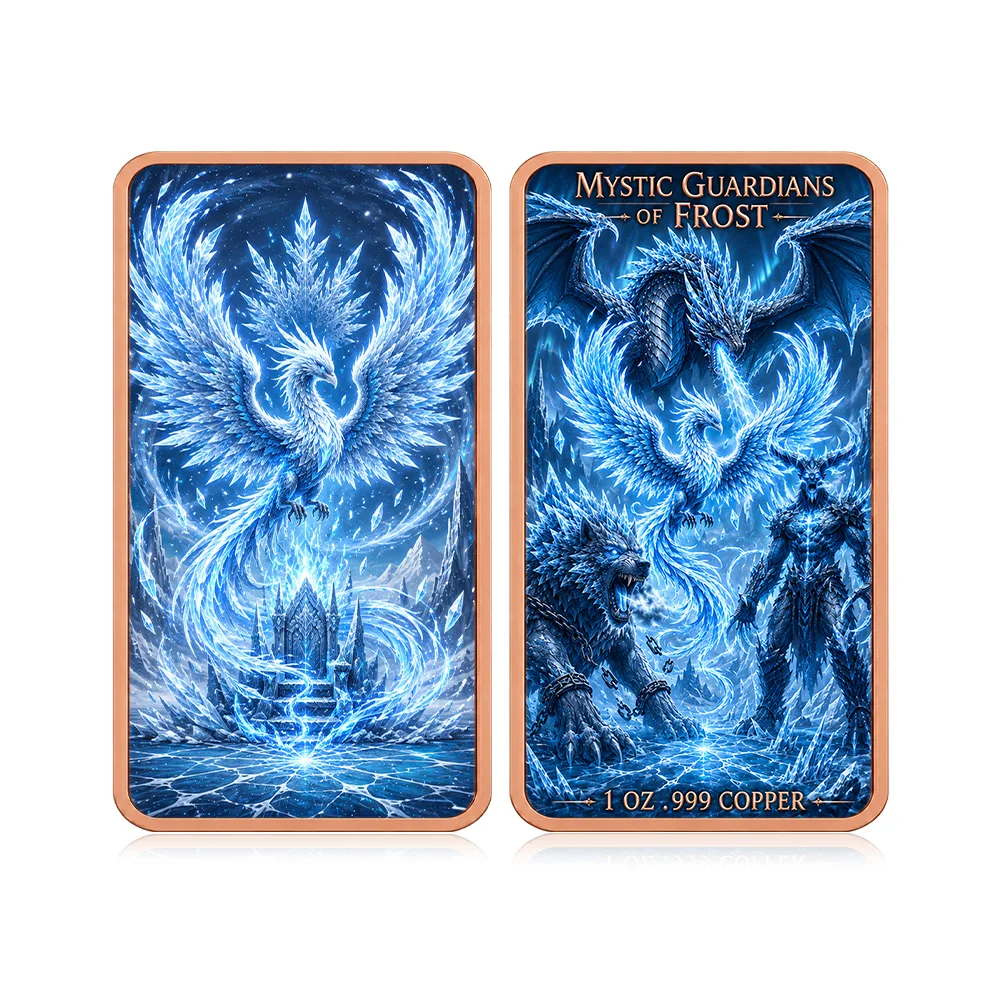 1 oz .999 Fine Copper 4pc Set Ice Realm Square Dragon Demon Wolf Bird Frost Glow Rose Gold Edge Color Art Collectible