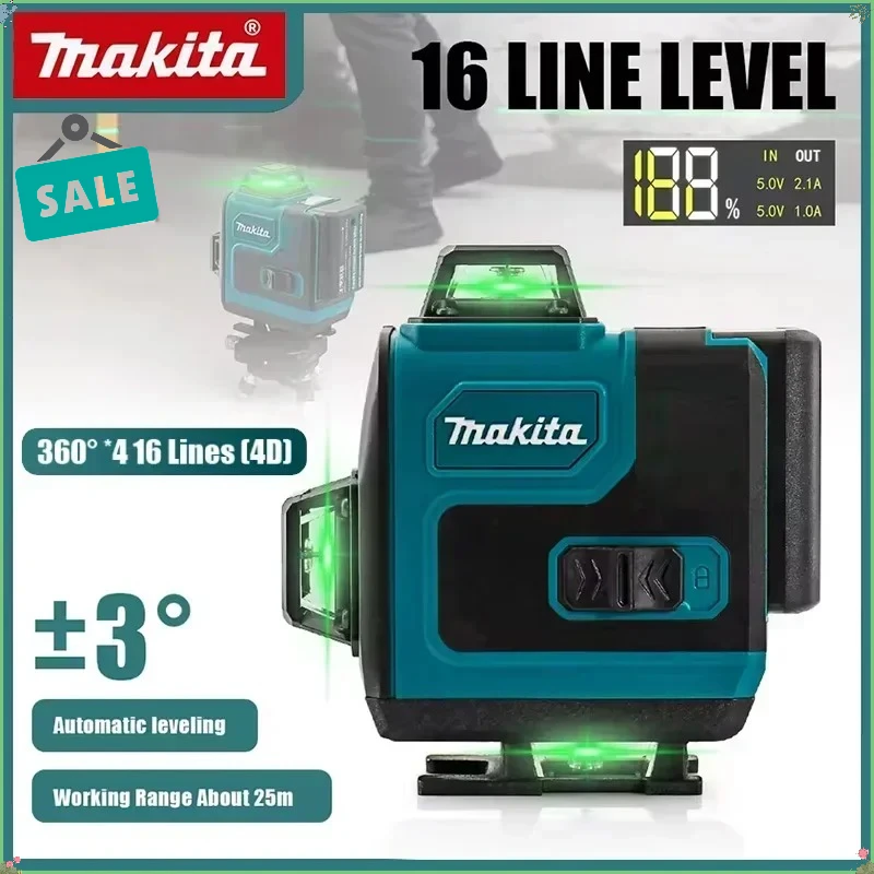 

Высокоточный 16-линейный лазерный уровень Makita с зеленым лучом, настенный, портативный, самовыравнивающийся, с аккумулятором
