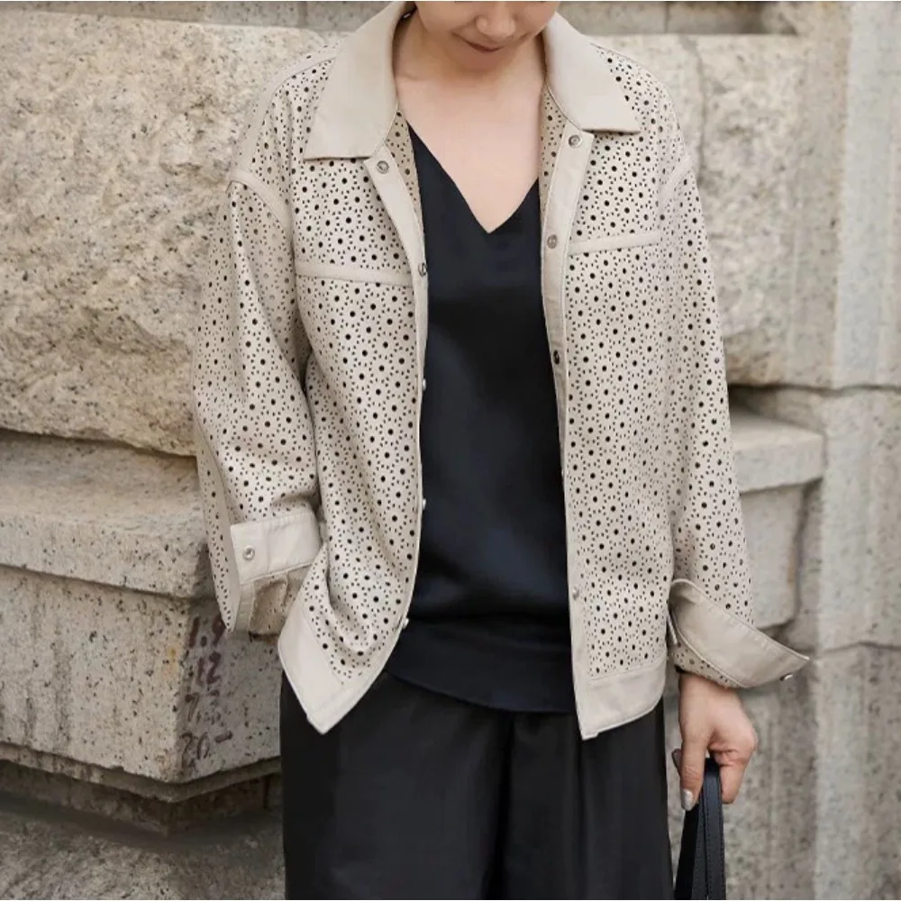 Genuine Sheepskin Leather Jacket Women Autumn Retro Style Perforated Hollow Out Casual Shirt Coat