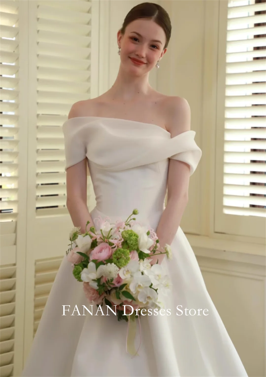 FANAN Off-Shoulder Korea Ivory A-Line Backless Wedding Dresses 웨딩드레스 Organza Sleeveless Customized Pretty  Bride Gowns Plus Size