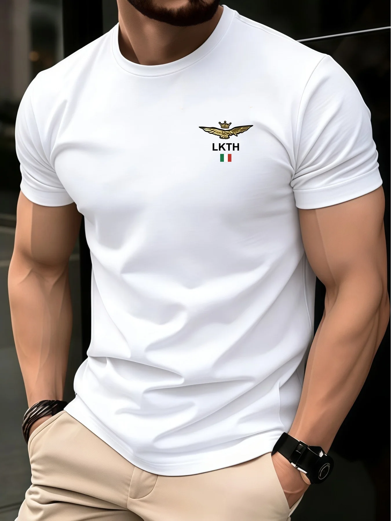 Summer Men's 100% Pure Cotton Casual Fashionable Loose Retro Compass Mountain Pattern Printed Round Neck Short Sleeved T-Shirt