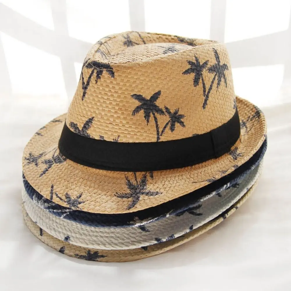 UV Protection Straw Hat Summer Coconut Trees Pattern Wide Brim Panama Cap Breathable Casual Beach Cap Men Women