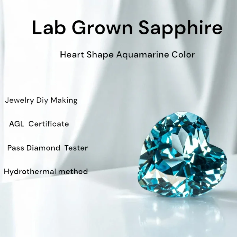 

Lab Grown Sapphire Heart Shape Aquamarine Color For Charms Jewelry Making DIY Ring Necklace Earrings Materials Certificate