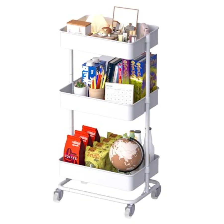 

Трехуровневая металлическая тележка на колесах с ручкой и блокируемыми колесиками, корзина-органайзер для хранения, полки для хранения