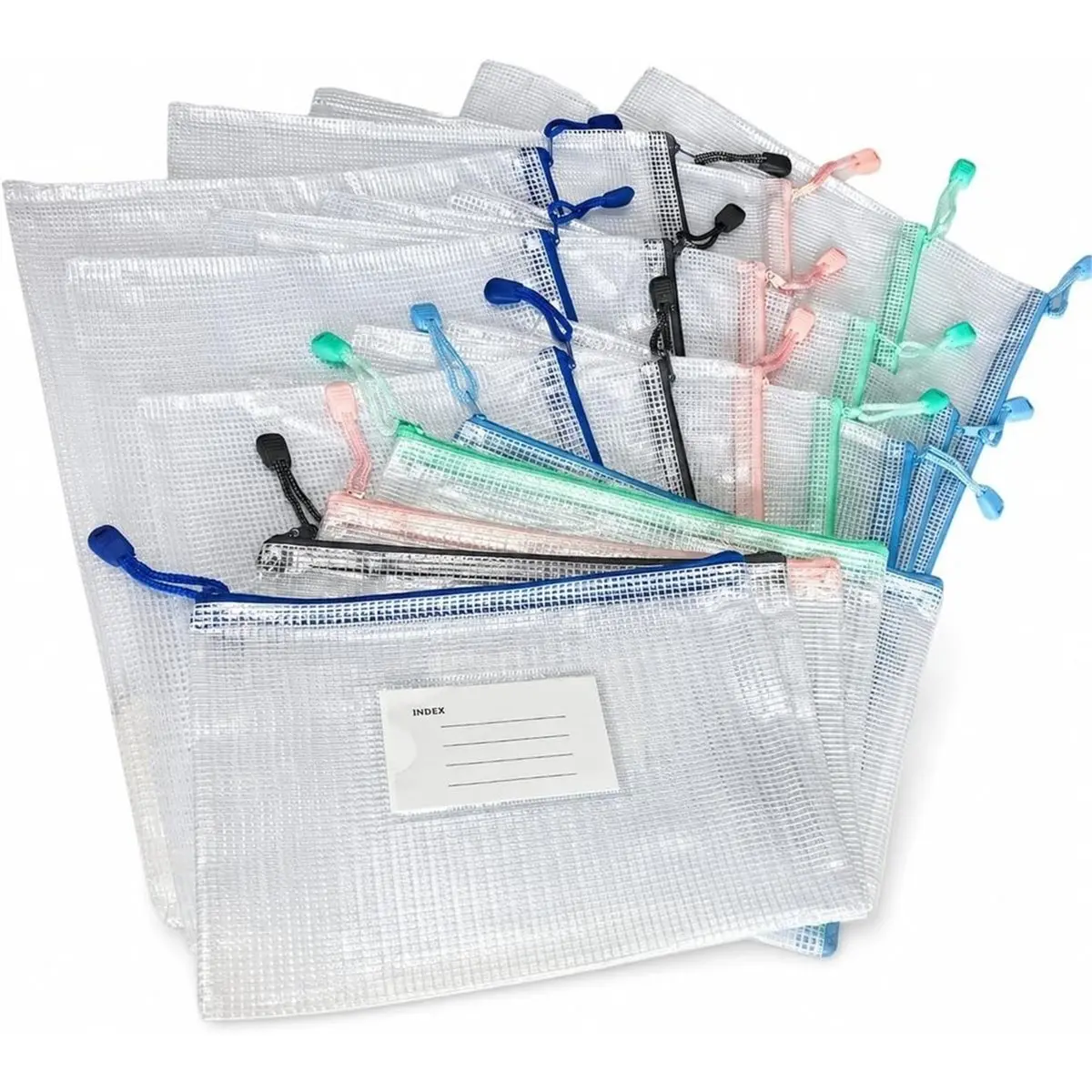 20PCS Mesh Zipper File Bags with Labels, 5 Colors and 4 Sizes A4 B4 A5 B5, Mesh Construction with Smooth Zipper Closure