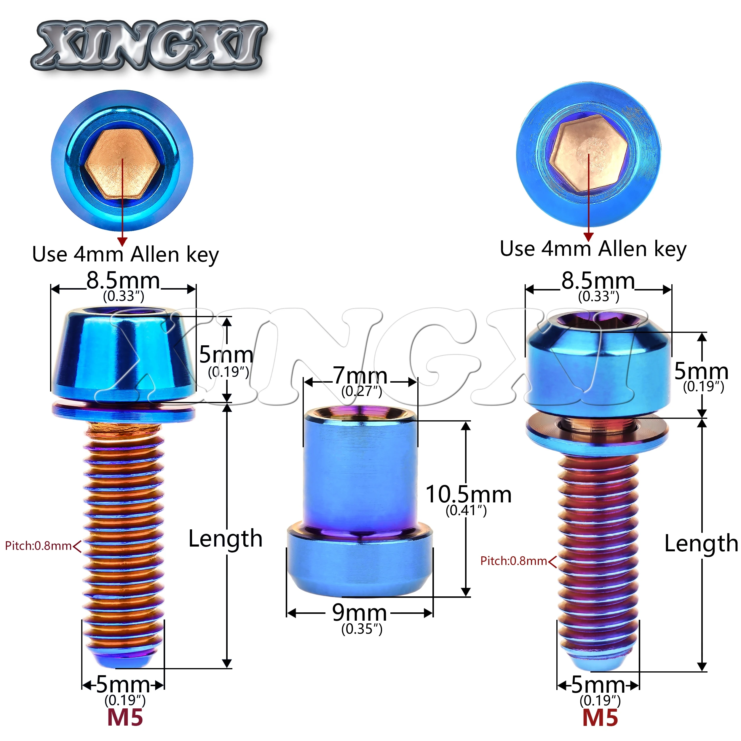 Xingxi M5x16/18/20mm Hex Key Head Washer Screws + M5 Titanium Nut for Carbon Fiber Fork Lock