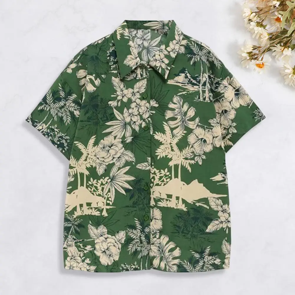 Summer Shirt Lightweight Patch Pocket Turn-down Collar Summer Floral Leaves Print Hawaiian Shirt Hawaiian Shirt Versatile