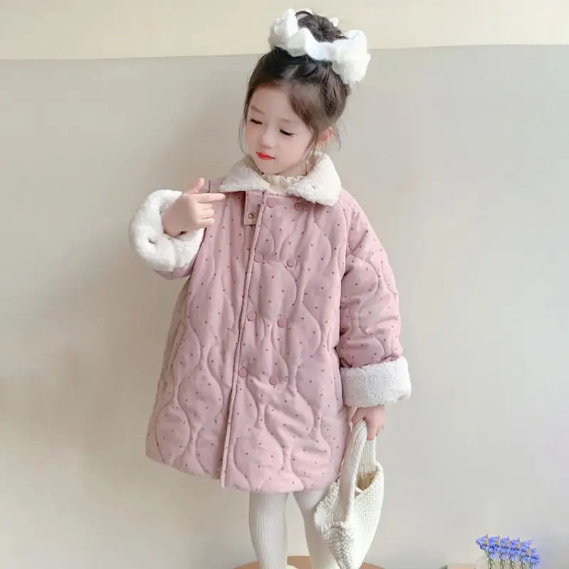 Girl Cotton-Padded Jacket Autumn Winter Coat Mid-Length Long Sleeves Round Neck Tops Child Kawaii Fashion New Casual Clothing