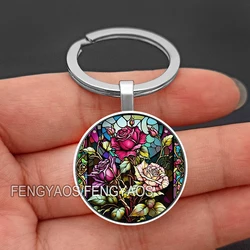 Vintage Rose Keychains Beautiful Red Flower Key Chain for Door Colorful Tree Purse Bag Keyring Gift for Women