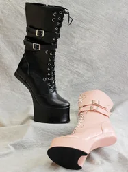 CACA BDSM Women Mid Calf Ballet Boots,18cm/7Inch Hoof Heelless Fetish Booties,Men Dance Shoes,Platform Botas,Custom Colors,Pink,