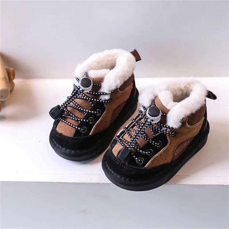 New Winter Baby Shoes For Boys Leather Warm Plush Toddler Girls Boots Non-slip Fashion Little Kids Sneakers