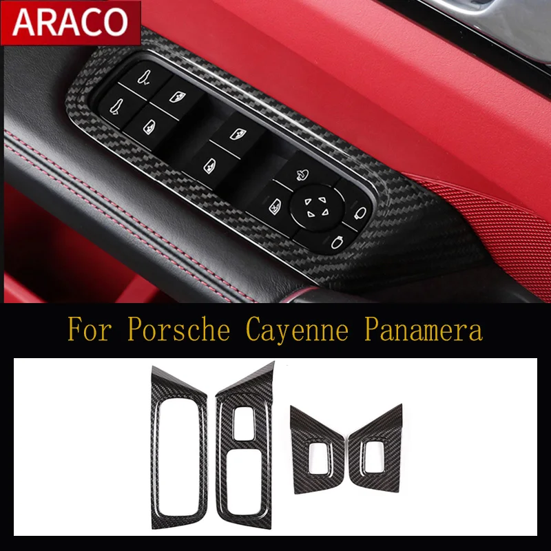 

For Porsche Cayenne Panamera Car Window Glass Lifting Switch Control Frame Decoration Carbon Fiber Auto Door Armrest Trim 17-20