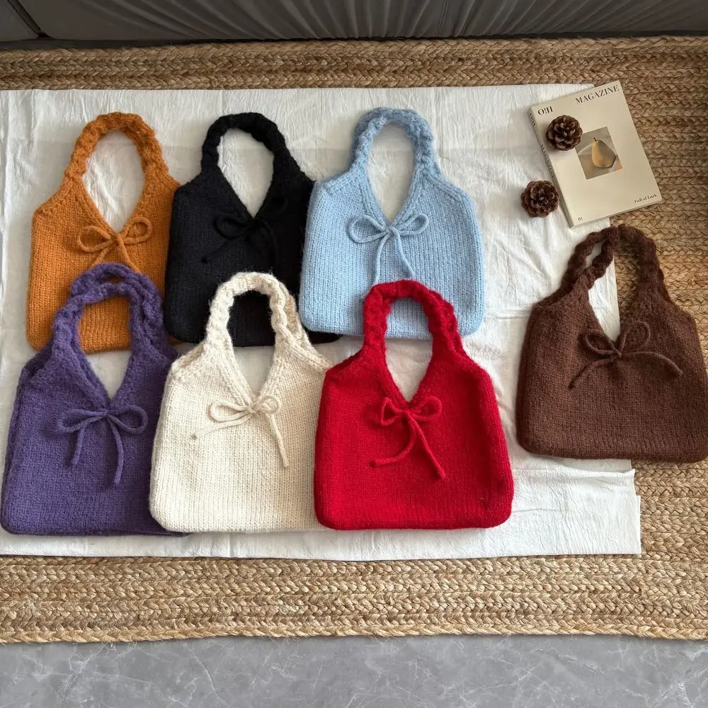 

Модная разноцветная вязаная сумка-бантик, милая вязаная сумка на запястье, вместительная мягкая шерстяная сумка для студентов